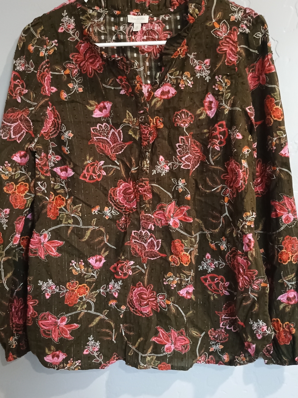 Talbots Olive Green Floral Button-Front Tunic Top